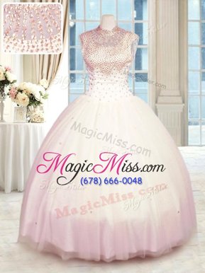 Beauteous Baby Pink High-neck Neckline Beading Ball Gown Prom Dress Sleeveless Zipper