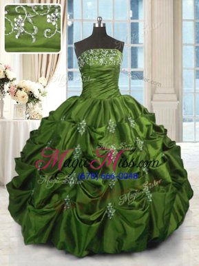 Extravagant Green Ball Gowns Beading and Appliques and Embroidery and Pick Ups Ball Gown Prom Dress Lace Up Taffeta Sleeveless Floor Length