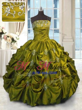 Green Quinceanera Dress Military Ball and Sweet 16 and Quinceanera and For with Beading and Appliques and Embroidery and Pick Ups Strapless Sleeveless Lace Up
