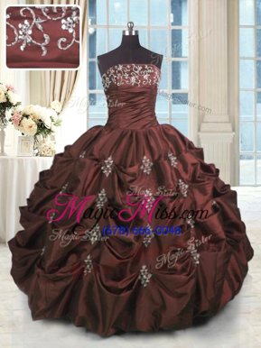 Fancy Burgundy Ball Gowns Beading and Appliques and Embroidery and Pick Ups Quince Ball Gowns Lace Up Taffeta Sleeveless Floor Length