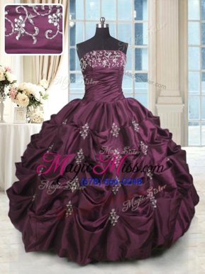 Sleeveless Taffeta Floor Length Lace Up Sweet 16 Dresses in Purple for with Beading and Appliques and Embroidery and Pick Ups