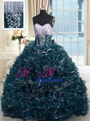 Sexy Sleeveless Organza With Brush Train Lace Up Quinceanera Dresses in Teal for with Beading and Ruffles
