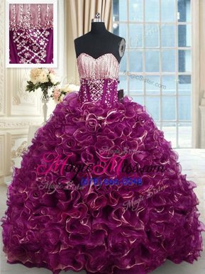 Fancy Beading and Ruffles Sweet 16 Dresses Fuchsia Lace Up Sleeveless With Brush Train