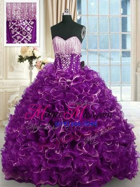 Low Price Beading and Ruffles 15 Quinceanera Dress Purple Lace Up Sleeveless With Brush Train