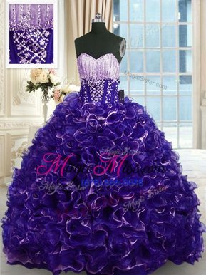 Decent Purple Lace Up Sweetheart Beading and Ruffles Quince Ball Gowns Organza Sleeveless Brush Train