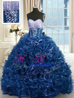 Suitable Navy Blue Lace Up 15th Birthday Dress Beading and Ruffles Sleeveless With Brush Train