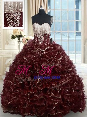Clearance With Train Brown Sweet 16 Quinceanera Dress Organza Brush Train Sleeveless Beading and Ruffles