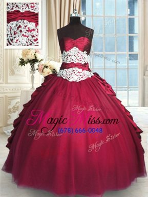 Wonderful Red Sweetheart Zipper Beading and Lace and Ruching and Pick Ups 15 Quinceanera Dress Long Sleeves