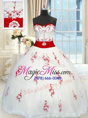 Sexy White Quinceanera Gown Military Ball and Sweet 16 and Quinceanera and For with Appliques and Belt Sweetheart Sleeveless Lace Up
