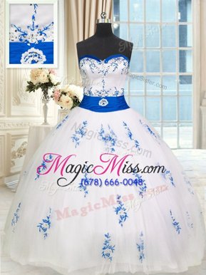 Fancy Floor Length Lace Up 15 Quinceanera Dress White and In for Military Ball and Sweet 16 and Quinceanera with Appliques and Belt