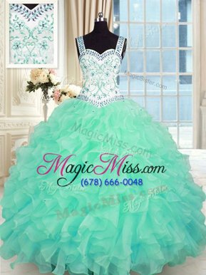 Fitting Turquoise Sleeveless Beading and Appliques and Ruffles Floor Length Quinceanera Dress