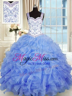 Elegant Blue Ball Gowns Organza Sweetheart Sleeveless Beading and Appliques and Ruffles Floor Length Lace Up Quinceanera Gown