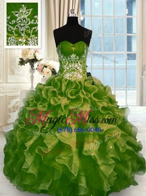 Flare Olive Green Lace Up Quince Ball Gowns Beading and Ruffles Sleeveless Floor Length