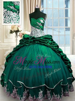 Hot Sale Dark Green Ball Gowns Taffeta Sweetheart Sleeveless Beading and Appliques and Pick Ups Lace Up Vestidos de Quinceanera Brush Train