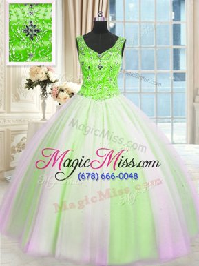 Fantastic Sequins V-neck Sleeveless Lace Up Sweet 16 Dress Multi-color Tulle