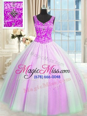 Superior Sequins Ball Gowns 15th Birthday Dress Multi-color V-neck Tulle Sleeveless Floor Length Lace Up