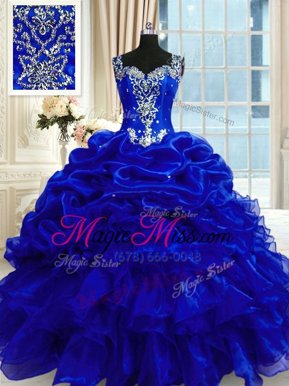 Fitting Pick Ups Ball Gowns Sweet 16 Dresses Royal Blue Straps Organza Sleeveless Floor Length Lace Up