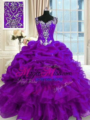Customized Purple Ball Gowns Organza Straps Sleeveless Beading and Ruffles and Pick Ups Floor Length Lace Up 15 Quinceanera Dress