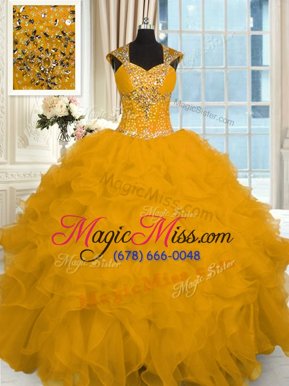 High End Cap Sleeves Beading and Ruffles Lace Up Quinceanera Gowns