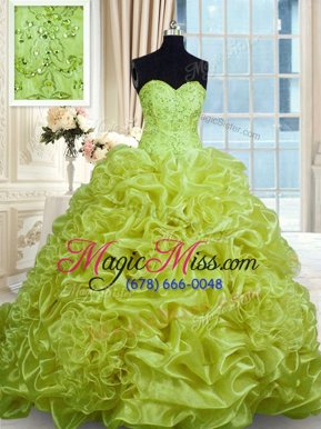 Yellow Green Ball Gowns Beading and Pick Ups Quince Ball Gowns Lace Up Organza Sleeveless With Train