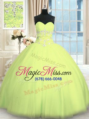 Trendy Yellow Green Lace Up Sweetheart Appliques 15th Birthday Dress Tulle Sleeveless