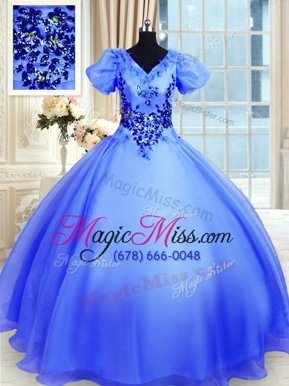 Flare Blue Short Sleeves Floor Length Appliques Lace Up Quinceanera Gown