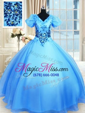 Spectacular Baby Blue Short Sleeves Appliques Floor Length Quince Ball Gowns