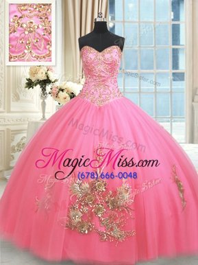Floor Length Ball Gowns Sleeveless Rose Pink Quinceanera Gowns Lace Up