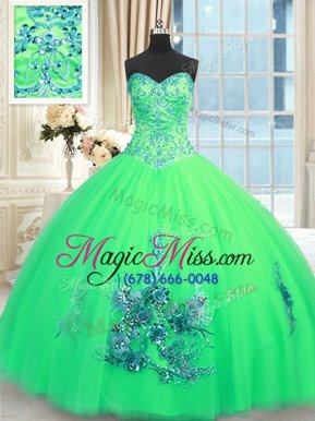 Sumptuous Turquoise Tulle Lace Up Sweetheart Sleeveless Floor Length Sweet 16 Dress Beading and Appliques and Embroidery