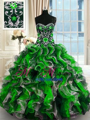 Artistic Multi-color Organza Lace Up Sweetheart Sleeveless Floor Length Quinceanera Dress Beading and Ruffles