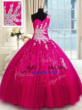 Custom Made One Shoulder Sleeveless Floor Length Appliques Lace Up Quince Ball Gowns with Hot Pink