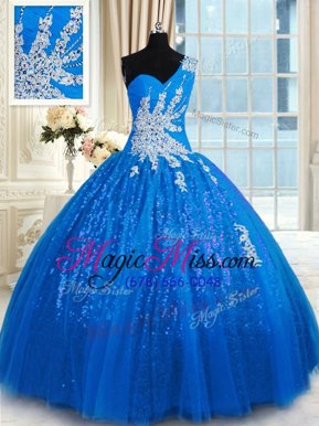 Fantastic One Shoulder Sleeveless Lace Up Quinceanera Dress Blue Tulle and Sequined