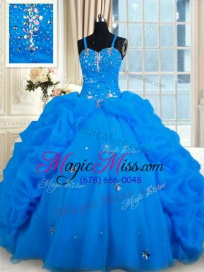 Affordable Floor Length Blue Quince Ball Gowns Organza Sleeveless Beading and Pick Ups