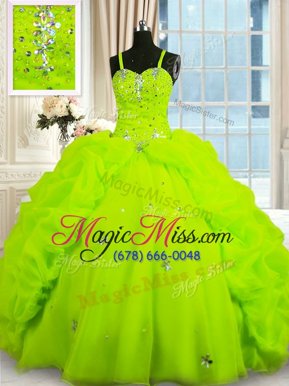 Flirting Sleeveless Organza Floor Length Lace Up Quinceanera Gowns in Yellow Green for with Beading and Pick Ups