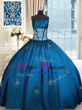 Charming Strapless Sleeveless Quinceanera Gowns Floor Length Beading and Appliques and Ruching Blue and Teal Taffeta