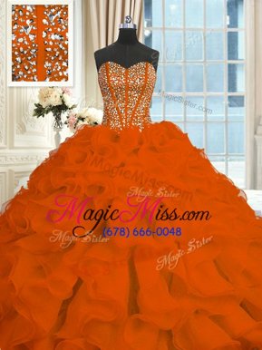 Excellent Orange Red Sleeveless Brush Train Beading and Ruffles With Train Sweet 16 Dress