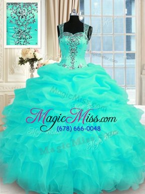 Turquoise Organza Zipper Straps Sleeveless Floor Length Quince Ball Gowns Beading and Ruffles
