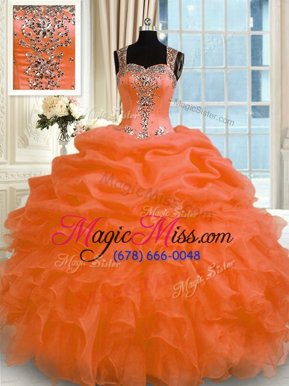 Wonderful Straps Sleeveless Quinceanera Dresses Floor Length Appliques Orange Organza
