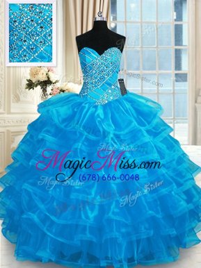 Beautiful Organza Sweetheart Sleeveless Lace Up Beading and Ruffled Layers Sweet 16 Dress in Blue