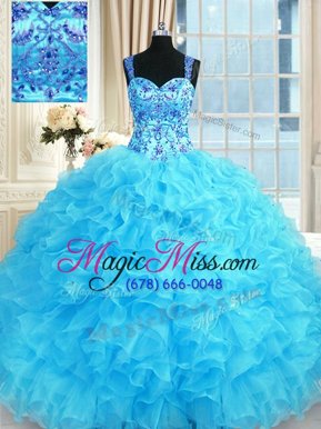 Sexy Baby Blue Organza Lace Up Quince Ball Gowns Sleeveless Floor Length Embroidery and Ruffles