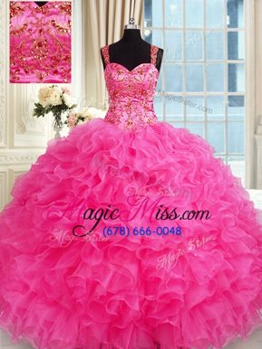 Flare Hot Pink Lace Up 15 Quinceanera Dress Embroidery and Ruffles Sleeveless Floor Length