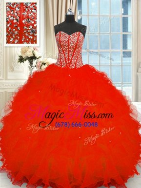 Sleeveless Organza Floor Length Lace Up 15 Quinceanera Dress in Red for with Beading and Ruffles