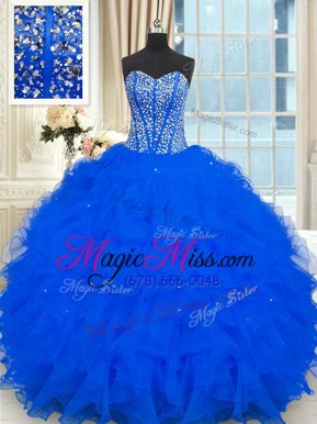 Graceful Strapless Sleeveless Lace Up Sweet 16 Dresses Royal Blue Organza