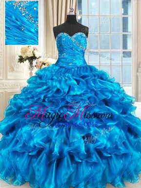 Modern Baby Blue Lace Up Sweetheart Beading and Ruffles Quinceanera Gown Organza Sleeveless