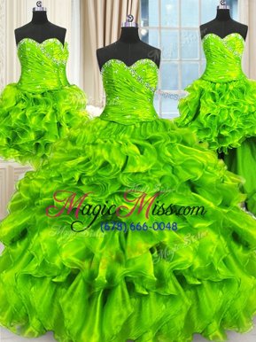 Sophisticated Four Piece Lace Up Quinceanera Gowns Beading and Ruffles and Ruching Sleeveless Floor Length
