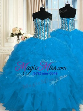 Designer Floor Length Blue Quince Ball Gowns Organza Sleeveless Beading and Ruffles