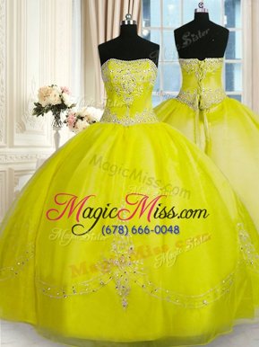Sleeveless Organza Floor Length Lace Up 15th Birthday Dress in Yellow Green for with Beading and Embroidery