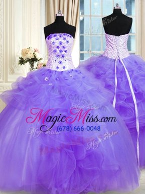 Captivating Pick Ups Floor Length Lavender Quinceanera Gown Strapless Sleeveless Lace Up