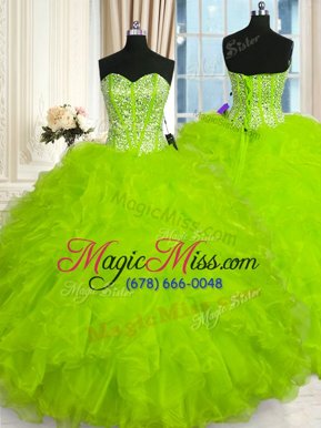 Low Price Floor Length Yellow Green Quince Ball Gowns Organza Sleeveless Beading and Ruffles