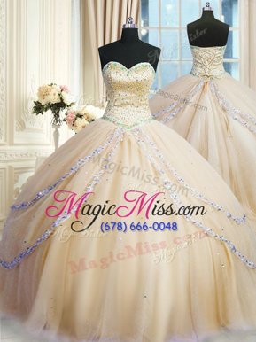 Charming Gold Sweetheart Lace Up Beading and Appliques 15th Birthday Dress Court Train Sleeveless